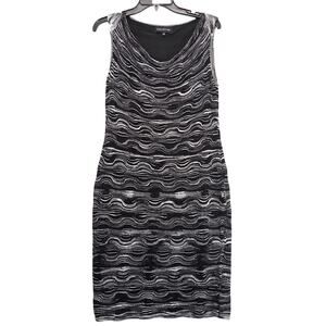 Jones New York Black White Silver Wavy Knit Cocktail Dress Sz M Sleeveless Retro